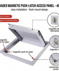 White 32X32 Inch Aluminum Ceiling Access Panel For Drywall Smooth Push Open Spring Hinge Waterproof Utility Hatch showing magnetic push-latch.