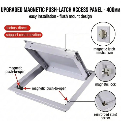 White 32X32 Inch Aluminum Ceiling Access Panel For Drywall Smooth Push Open Spring Hinge Waterproof Utility Hatch showing magnetic push-latch.