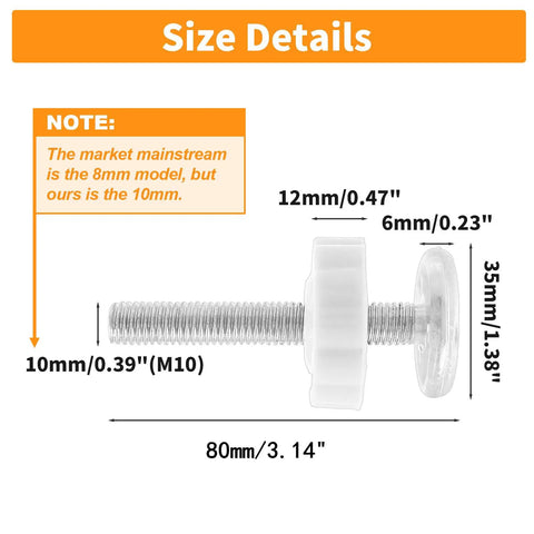 Heavy Duty M10 Threaded Spindle Rods For Baby Safety Gates 4 Pack White Replacement Mounting Bolts with size details shown.