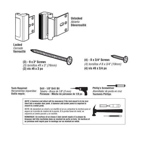 Diagram of Door Reinforcement Lock With 3 Inch Stop For Extra Home Security, Aluminum Construction, Polished Brass Finish, Quick Install