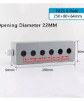 CAARLA aluminum push-button control box, side view, 6×22mm openings, 250x80x65mm, IP67 waterproof