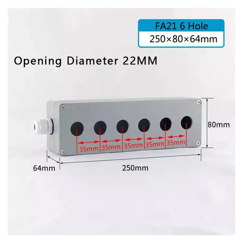 CAARLA aluminum push-button control box, side view, 6×22mm openings, 250x80x65mm, IP67 waterproof