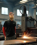 Person standing next to a CNC cutting machine in a workshop.