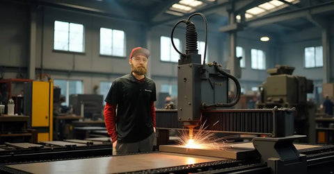Man operating CNC machine in workshop, using Pro Grade Green Coolant For Plasma Cutting That Protects Table Surfaces And CNC Beds From Rust