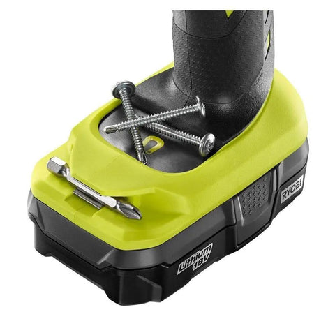 Base of 18V cordless hammer drill from Eighteen Volt Cordless Hammer Drill And Impact Driver Combo Kit with screws on green platform