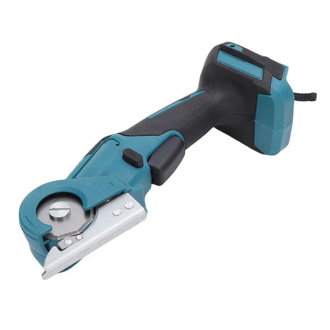 Sorandy Cordless Electric Scissors Rechargeable Power Shears For Cutting Fabric Cardboard Paper And Plastic With Safety Metal Cover Easy To Use For Home Crafts And DIY Projects Versatile Tool For Any Job close-up view of top side showing blade and handle