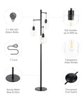 Black Floor Lamp With Three Glass Shade Branches Dope Industrial Tree Lamp For Living Room Or Office 64 Inch Tall Modern Farmhouse Style Includes Three 8W LED Edison Bulbs with details highlighted