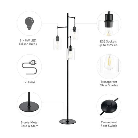 Black Floor Lamp With Three Glass Shade Branches Dope Industrial Tree Lamp For Living Room Or Office 64 Inch Tall Modern Farmhouse Style Includes Three 8W LED Edison Bulbs with details highlighted