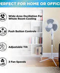 Three Speed 16 Inch Oscillating Pedestal Fan With 90 Degree Head Adjustable Height And Tilt Powerful Airflow For Home Or Office