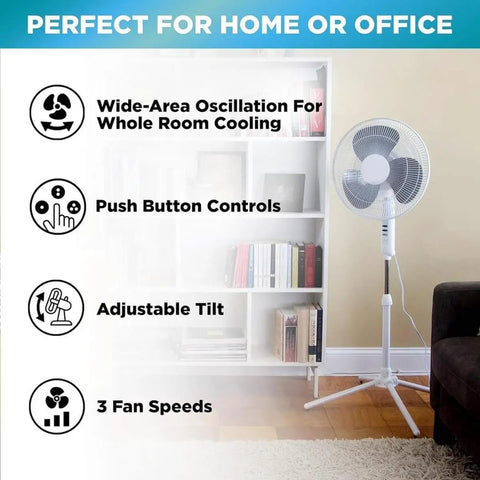 Three Speed 16 Inch Oscillating Pedestal Fan With 90 Degree Head Adjustable Height And Tilt Powerful Airflow For Home Or Office