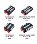 Precision High Speed Linear Guide Rail Kit Includes Four HGH20CA Slide Blocks And HGR20 Bearings For Smooth Sliding Motion With Low Friction And Zero Maintenance Needs On Any Diy Machine Or CNC Build Project. Four HGH20CA slider types shown