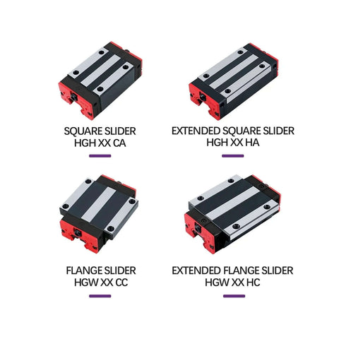 Precision High Speed Linear Guide Rail Kit Includes Four HGH20CA Slide Blocks And HGR20 Bearings For Smooth Sliding Motion With Low Friction And Zero Maintenance Needs On Any Diy Machine Or CNC Build Project. Four HGH20CA slider types shown