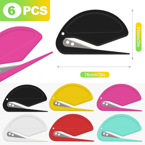 6 Pack Letter Openers With Concealed Blade For Office And Home Use in assorted colors, dimensions shown, envelope slitter tool
