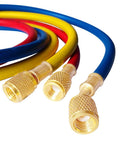 Refrigerant charging hoses, blue/red/yellow with knurled brass 1/4-inch fittings, 60in length for R12/R22/R134A