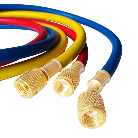 Refrigerant charging hoses, blue/red/yellow with knurled brass 1/4-inch fittings, 60in length for R12/R22/R134A