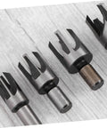 Top Notch 4 Piece Wood Plug Cutters With Tapered Deep Cutting Edge For Bench Drill And Electric Hand Drill Compatible, showing 4 steel cutters.