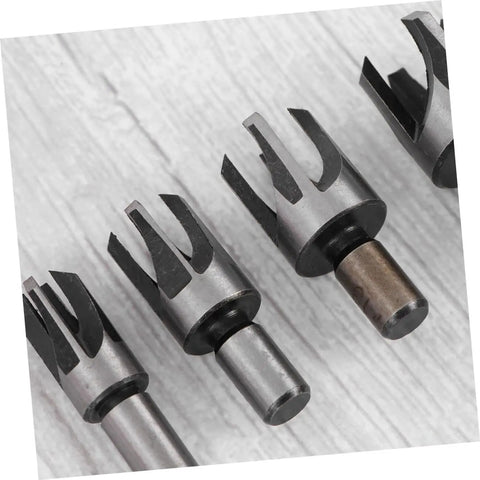 Top Notch 4 Piece Wood Plug Cutters With Tapered Deep Cutting Edge For Bench Drill And Electric Hand Drill Compatible, showing 4 steel cutters.
