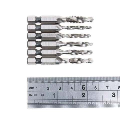 All In One Six Pack Drill And Tap Bit Set For Metal Wood And Plastic With Hex Shank Countersink Bits And Built In Taps shown with ruler