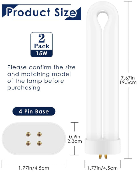 Dimensions of No Fuss 15W U Shape Replacement Lamp Tube With 4 Pin Base for Flowtron BK 15D and other 15W models shown.
