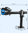 Heavy Duty Bicycle Repair Stand With Bench Mount, adjustable clamp, sturdy steel construction, dimensions labeled, side view.