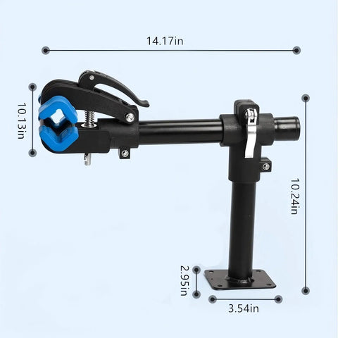 Heavy Duty Bicycle Repair Stand With Bench Mount, adjustable clamp, sturdy steel construction, dimensions labeled, side view.