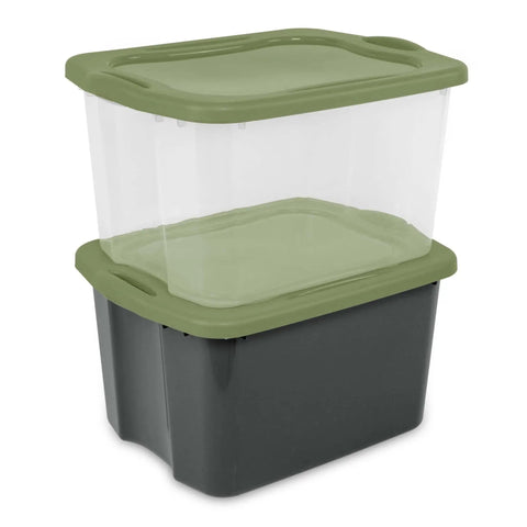 Roomy 17.5 Gallon Plastic Storage Bin With Secure Stackable Lid And Opaque Base, Full Grip Handles, Big Time Storage Container For Duds Bedding Dorm Gear And Zero Hassle Organization - stacked bins with green lids.