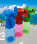 Three Pack Portable Misting Fan Instant Chill Airflow Battery Powered Compact Cooler For Camping Office Park in blue, red, green.