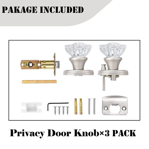 Crystal Glass Door Knobs With Lock Satin Nickel Finish For Interior Doors Privacy 3 Pack components shown