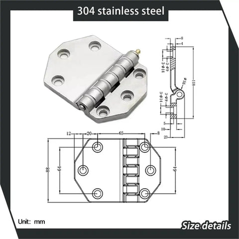 Rock Solid Detachable Hinge For Folding Container Doors Built Damn Tough With Genuine 304 Stainless Steel detailed front and side view.