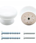 Solid White Wooden Cabinet Knobs For Furniture And Kitchen Upgrades Smooth Round Mushroom Drawer Pulls with mounting hardware.