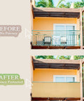 "Before and after installation of 3X10Ft Balcony Privacy Screen Fence Cover For Porch Deck Patio Garden Backyard UV Resistant Fence Net With Cable Ties Included Sand Color Durable Knit Mesh Construction For All Weather Use on a patio."