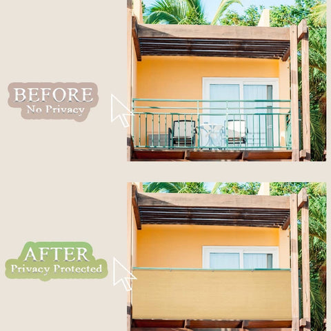 "Before and after installation of 3X10Ft Balcony Privacy Screen Fence Cover For Porch Deck Patio Garden Backyard UV Resistant Fence Net With Cable Ties Included Sand Color Durable Knit Mesh Construction For All Weather Use on a patio."