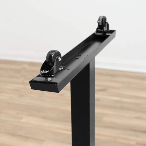 VIVO M8 locking caster wheel installed on black metal desk frame; 1.5in rubber wheel with brake