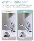 Chrome bathroom faucet side view; two-panel Before/After cleaning comparison showing grime on the base.