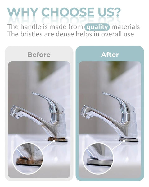 Chrome bathroom faucet side view; two-panel Before/After cleaning comparison showing grime on the base.