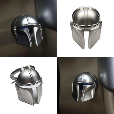 Mando Style Universal Car Start Button Cover 3D Design In Silver, Protective Start Stop Button Shield For Cars, Child Safety Saver, Easy Interior Decor Upgrade, Fits Most Models. Silver zinc alloy 3D car start button cover, front and side views