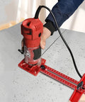 Heavy Duty Adjustable Router Jig For Dead On Circle Cuts And Clean Grooves With Slick Sliding Rail And Anodized Aluminum Body, cutting guide in use.