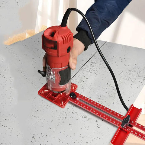 Heavy Duty Adjustable Router Jig For Dead On Circle Cuts And Clean Grooves With Slick Sliding Rail And Anodized Aluminum Body, cutting guide in use.