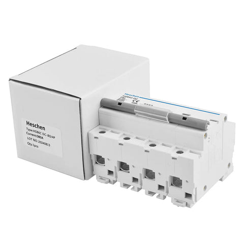 DC 4 Pole Photovoltaic Miniature Circuit Breaker 80A 1000V DC Type D next to packaging box