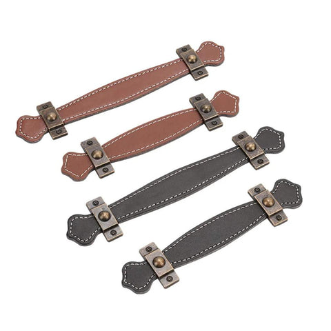 Two Pack Vintage Style PU Leather Cabinet Handles Zinc Alloy Drawer Pulls in brown and black, shown laid flat