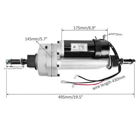 Rear Drive Axle Transaxle With 24V 350W Brush Electric Motor dimensions and wires displayed
