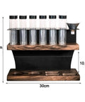 Badass Two Tier Coffee Bean Cellar With Built In Hopper And One Way Exhaust Valve For Fresh Single Dose Roasts Includes Twelve Precision Test Tubes And Heavy Duty Brewing Rack, showcasing test tubes and solid walnut design.