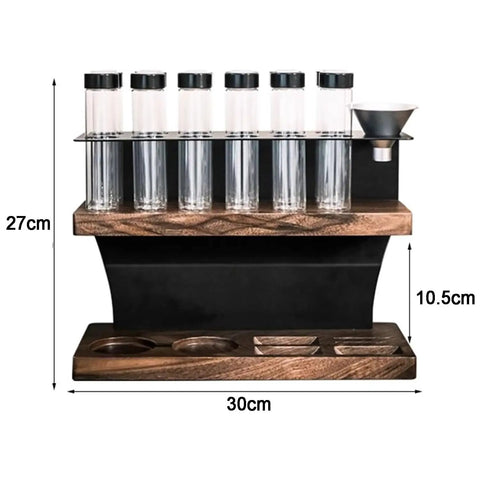 Badass Two Tier Coffee Bean Cellar With Built In Hopper And One Way Exhaust Valve For Fresh Single Dose Roasts Includes Twelve Precision Test Tubes And Heavy Duty Brewing Rack, showcasing test tubes and solid walnut design.
