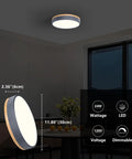 Dimmable Wood Oak Ceiling Light Fixture In Modern Gray LED Flush Mount With 5CCT Circular Minimalist Design lit on ceiling