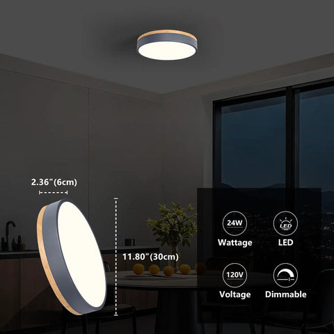 Dimmable Wood Oak Ceiling Light Fixture In Modern Gray LED Flush Mount With 5CCT Circular Minimalist Design lit on ceiling