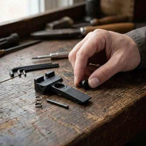 A hand assembling the Beefed Up Battlesight Rear Sight for Colt Python Anaconda with Serrated Blade on a workbench.