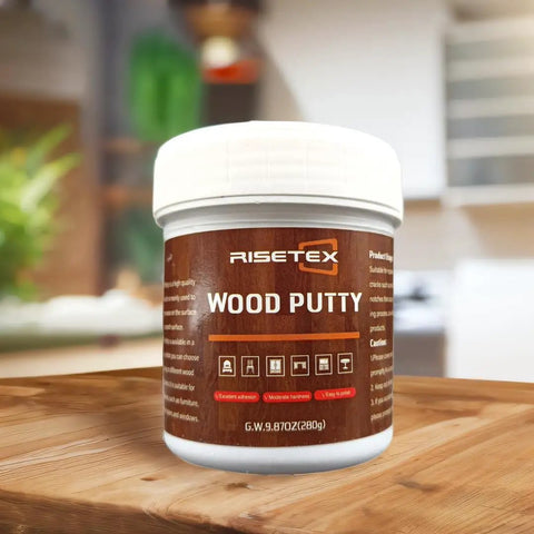 Premium White Wood Filler Putty For Furniture Repair Stainable Paintable Water Resistant Quick Dry Formula in 9.87oz container.