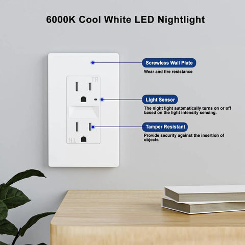 GFCI Outlet 20 Amp 125 Volt Self Test, Tamper Resistant Receptacle With LED Indicator, UL Listed, mounted on wall with features labeled