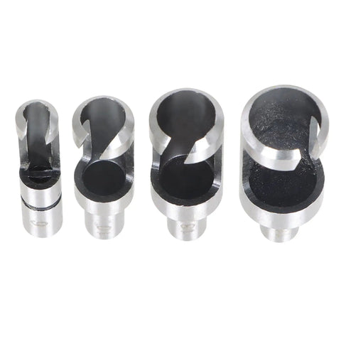 Rock Solid Eight Piece Wood Plug Cutter And Taper Drill Bit Set forged from heavy carbon steel showing various cutter heads.