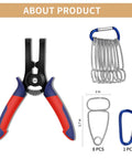 Miter Spring Clamps Kit For Woodworking With Pliers And Carabiner, 10 Piece Set showing pliers and 8 spring clamps with dimensions